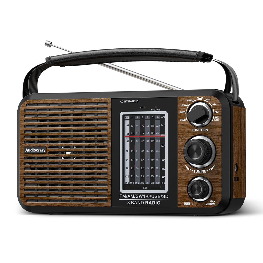 Audiocrazy AM FM Portable Shortwave Radio with Bluetooth,Plug in Wall or Battery Powered,Rechargeable Radio with Strong Recepiton,Headphone Jack,SD/USB Slot,Good for Home Seniors Elderly