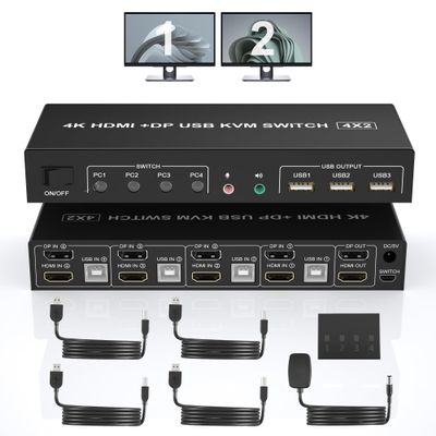 Displayport+HDMI Dual Monitor KVM Switch for 4 PCs, 4K 60Hz KVM Switch 2 Monitors 4 Computers, with Audio Microphone Output and 3 USB 2.0 Ports, HDMI+DP Monitor Switch for 4 PCs 2 Monitors
