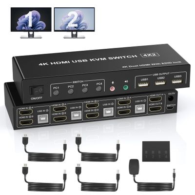 4 Port HDMI Dual Monitor KVM Switch, Supports EDID, 4K 60Hz KVM Switch 2 Monitors 4 Computers, with Audio Microphone Output and 3 USB 2.0 Ports, PC Monitor Keyboard Mouse Switcher for 4 PCs