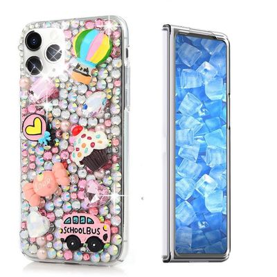 STENES Sparkle Case Compatible with Samsung Galaxy Z Fold 5 5G Case - Stylish - 3D Handmade Bling Balloon Candy Ice-Cream Bus Rhinestone Crystal Diamond Design Girls Women Cover - Pink