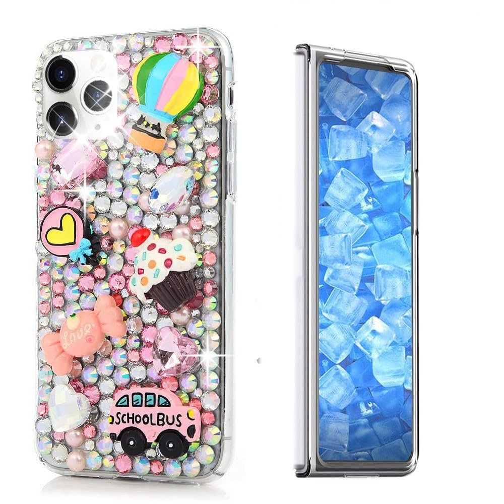 STENES Sparkle Case Compatible with Samsung Galaxy Z Fold 5 5G Case - Stylish - 3D Handmade Bling Balloon Candy Ice-Cream Bus Rhinestone Crystal Diamond Design Girls Women Cover - Pink