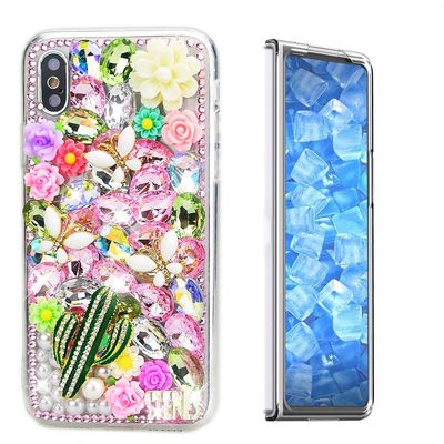 STENES Sparkle Case Compatible with Samsung Galaxy Z Fold 5 5G Case - Stylish - 3D Handmade Bling Cactus Flowers Rhinestone Crystal Diamond Design Girls Women Cover - Pink