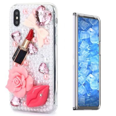 STENES Sparkle Case Compatible with Samsung Galaxy Z Fold 5 5G Case - Stylish - 3D Handmade Bling Girls Lipstick Rose Lips Rhinestone Crystal Diamond Design Girls Women Cover - Pink