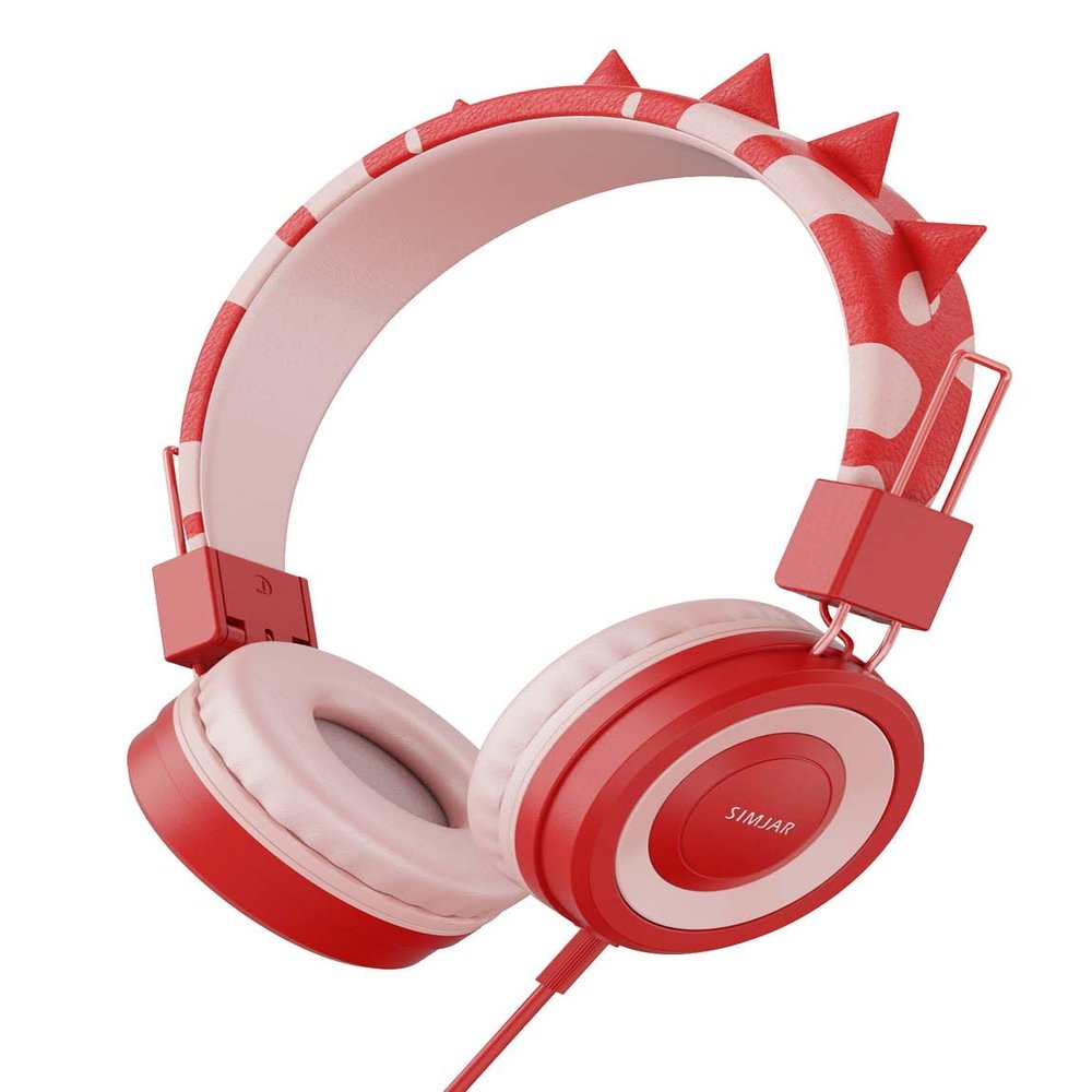 SIMJAR Dinosaur Kids Headphones with Microphone for School, Volume Limiter 85/94dB, Over-Ear Girls Boys Headphone for Kids with Foldable Wired Headphones for iPad/Travel (Red)
