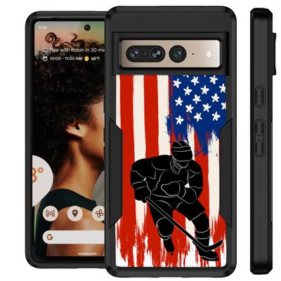 CasesOnDeck Dual Layer Case Compatible with Google Pixel 7 PRO/Pixel 7 Pro Case [Dual Tactical] Corner Guard Case with Heavy Duty Exterior USA Flag Sports -Hockey