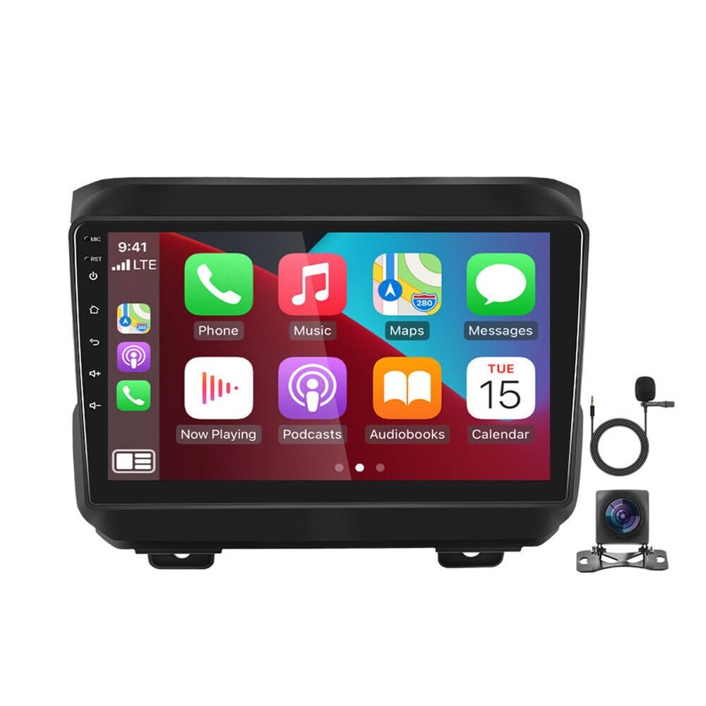 9" Touch Screen Car Stereo,Slakerbe 2+32G GPS with Navi WiFi Bluetooth FM RDS with Carplay | Android Auto | Hi-Fi | WiFi +AHD Backup Camera and Mic Fit forWranglerJL 2018 2019