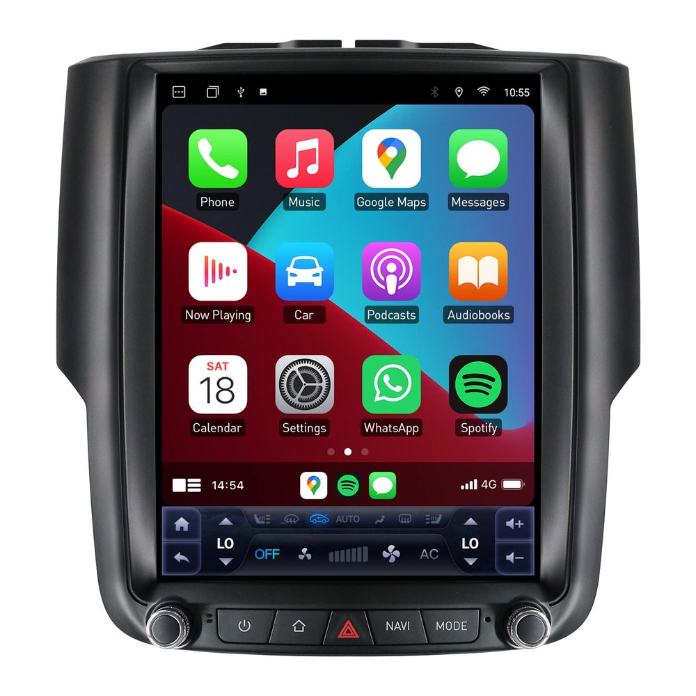 for Dodge Ram 1500 2500 3500 2013-2018 Auto A/C 10.4 Inch T Style Stereo Android 12 GPS Navigation Wireless Carplay 5G-WiFi 4G+64G Bluetooth 5.0 DSP AUX/Fiber Optic Out SWC