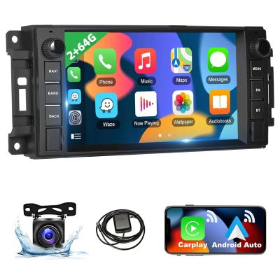 Podofo 2+64G Car Stereo for Jeep Wrangler Dodge Chevrolet RAM 1500 Android Radio with Wireless Apple CarPlay, 7" Touchscreen Stereo with WiFi, GPS, RDS/FM Radio, Bluetooth + Backup Camera & Mic