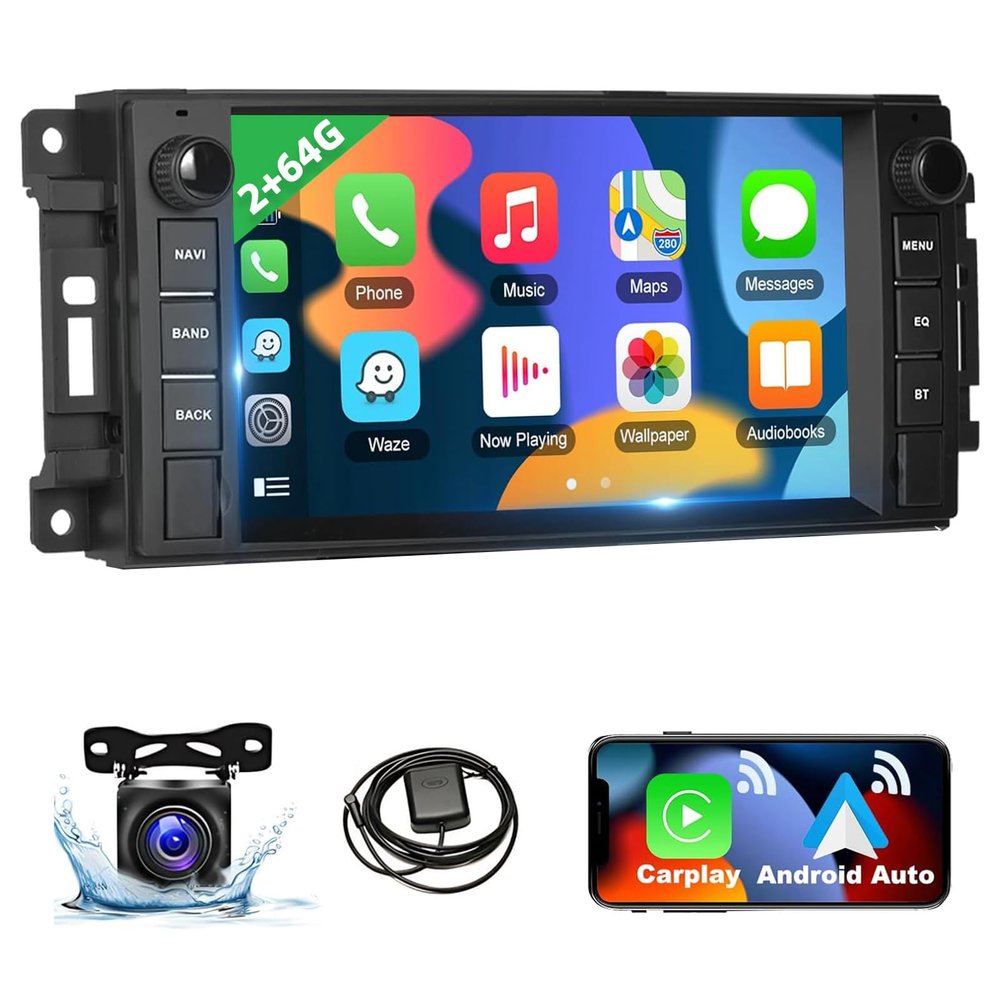 Podofo 2+64G Car Stereo for Jeep Wrangler Dodge Chevrolet RAM 1500 Android Radio with Wireless Apple CarPlay, 7" Touchscreen Stereo with WiFi, GPS, RDS/FM Radio, Bluetooth + Backup Camera & Mic