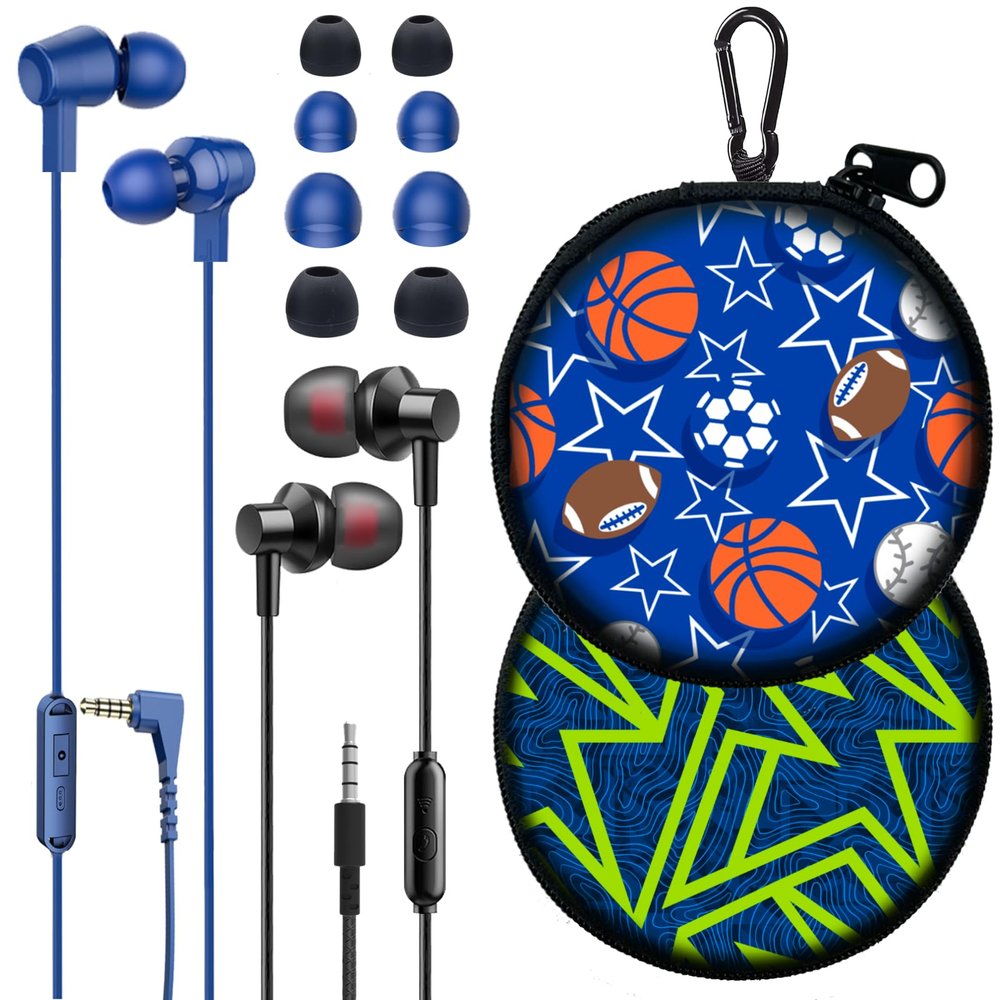 GOGOSINIS 2 Packs of Earbuds Set with Case for Kids for School, Wired Headphones with Case and Small Size Ear Tips, Ear Buds with Cute Case, Earphones for Phone and PC Laptop (Sport#2)