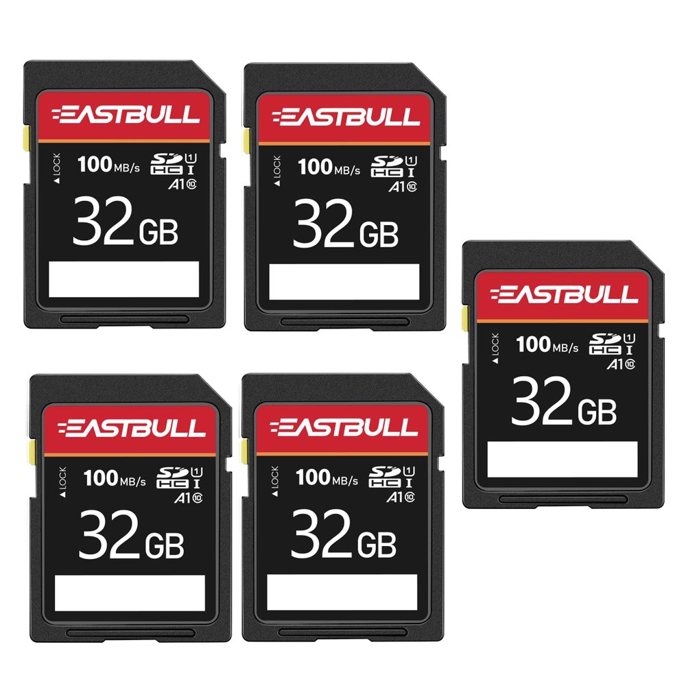5-Pack of SD Card 32GB EASTBULL Class 10 SD Card U1 V30 High-Speed 100MB/s Read SDHC Memory Cards 5-Pack for Camera, Full HD Video, with 5 Mini Cases (32GB, 5 Pack)