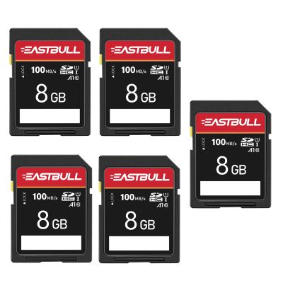 5-Pack of SD Card 8GB EASTBULL Class 10 SD Card U1 V30 High-Speed 100MB/s Read SDHC Memory Card for Camera, Full HD Video, with 5 Mini Cases (8 GB, 5 Pack)