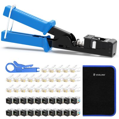 VCELINK Speed Termination Tool for VCE 90-Degree Keystone Jacks Punch Down Network Tool Kit with 20-Pack CAT6 Keystone Jacks UL-Listed Black, 25-Pack RJ45 Connectors, and 1-Pack Mini Wire Stripper
