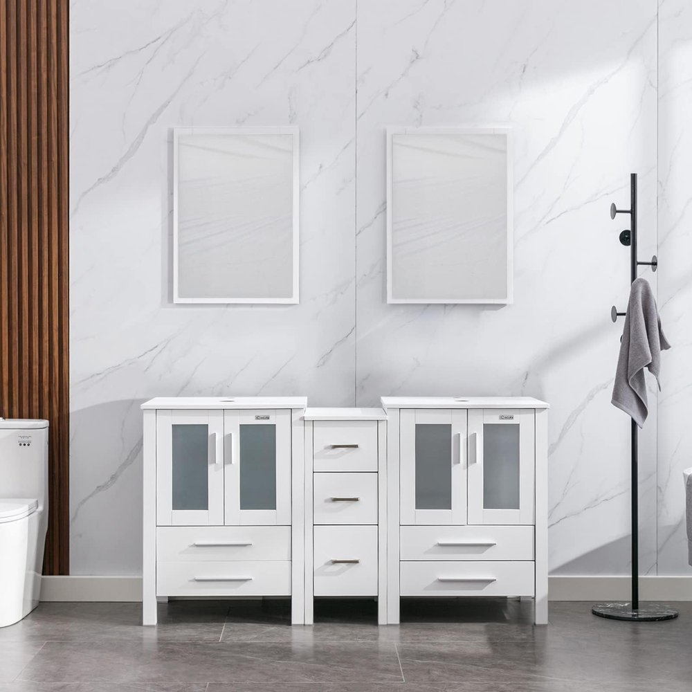 eclife 60" Modern Bathroom Vanity Sink Combo Freestanding Cabinet with Small Side Cabinet, Without Vessel Sink, Faucet, Drain (White Vanity Only)