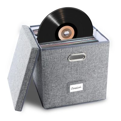 Sturdy Vinyl Record Storage Box - Album Storage Holds up 50+ Single Record, LP Storage Organizer Crate With Lid, Decorative Moving Box For Records, Solutions to Protect Your Precious Collection Grey