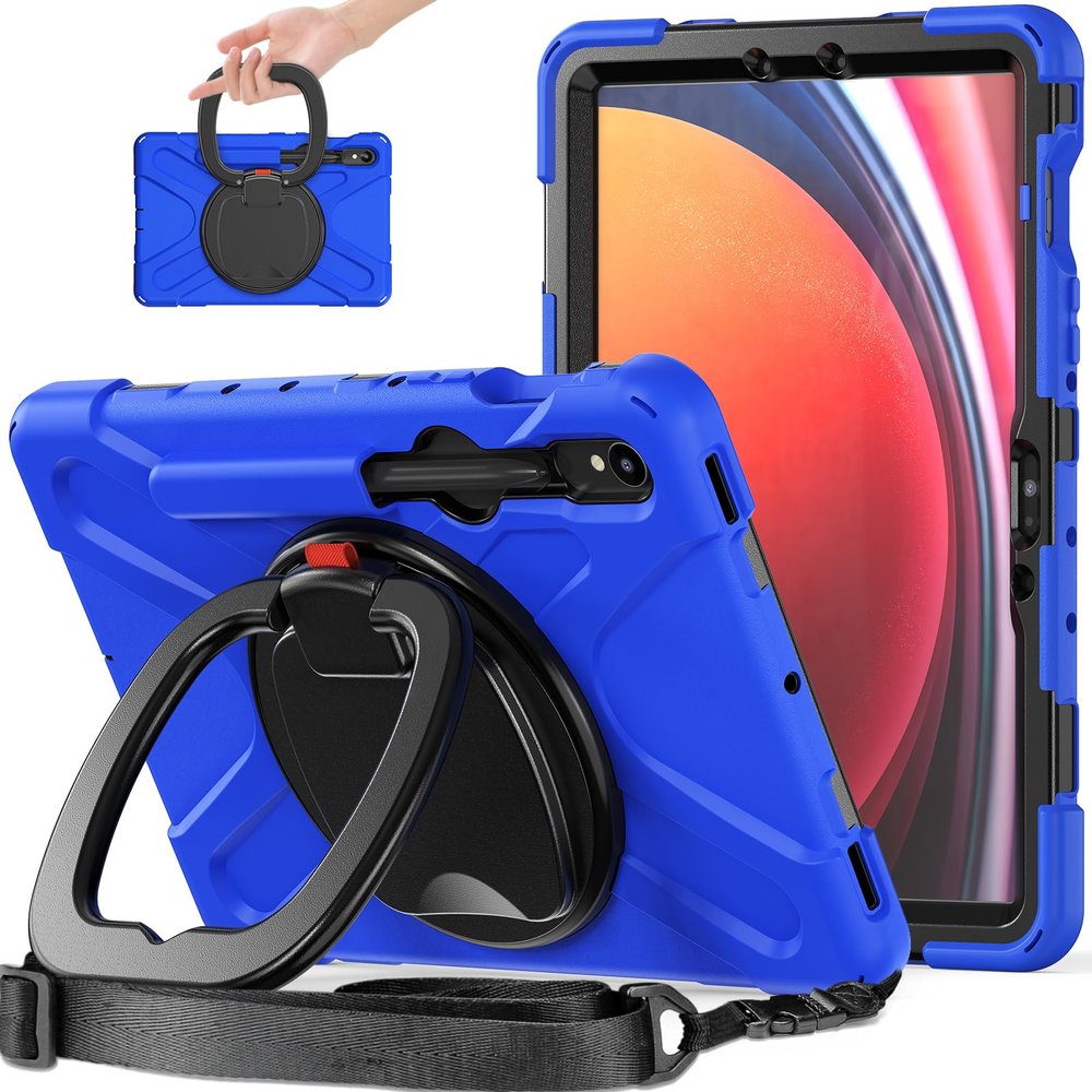 Heavy Duty Case for Galaxy Tab S10 Lite/ S10 FE/ S9 FE/S8/S7, Hybrid Rugged Case with S Pen Holder, Shockproof Kids Case with 360 Rotating Stand/Shoulder Strap (Blue)