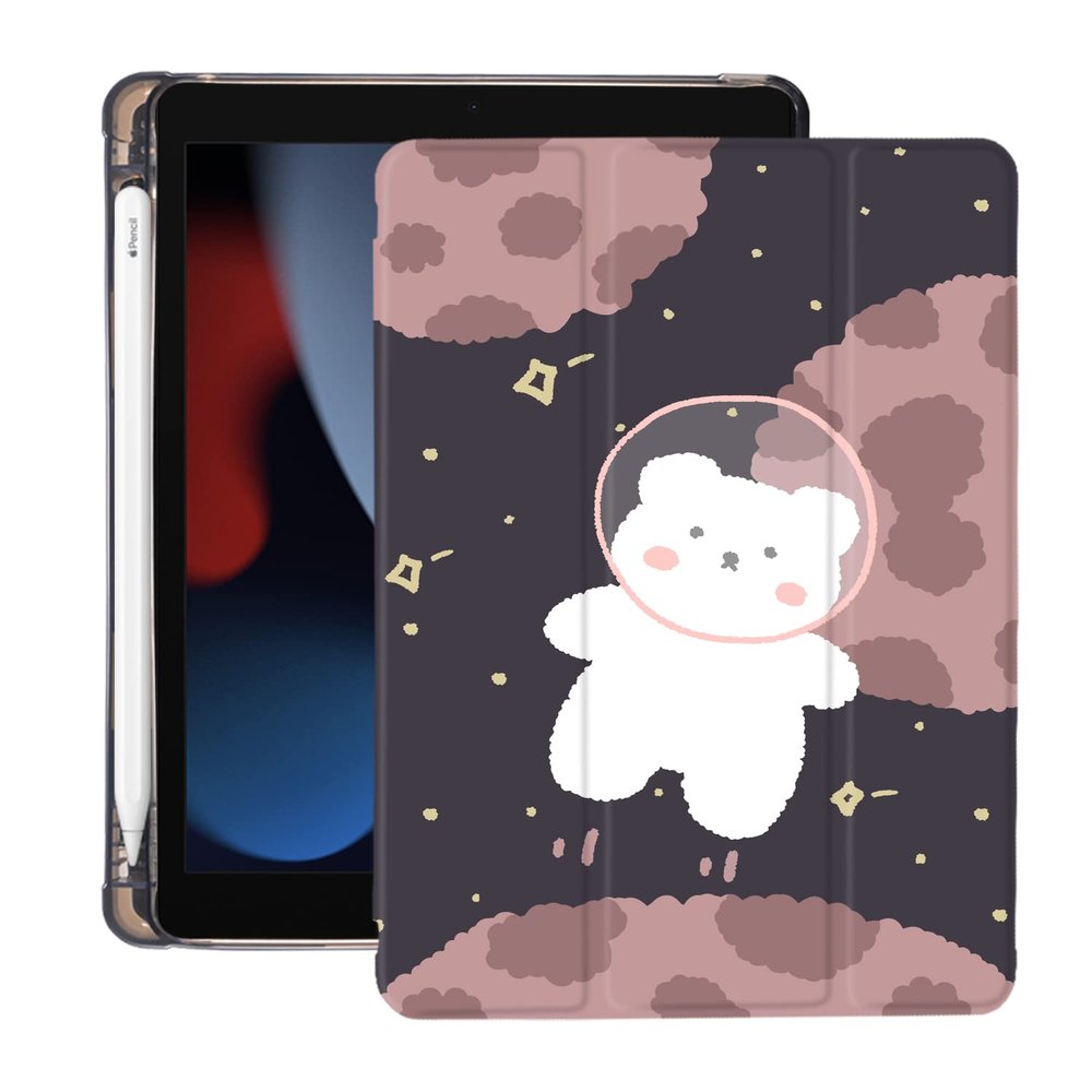 Cute Kawaii Bear for iPad Pro 11 Inch Case 4th/3rd/2nd Generation 2022/2021/2020 with Pencil Holder, Auto Sleep/Wake, Black Leather Soft TPU Back Cover