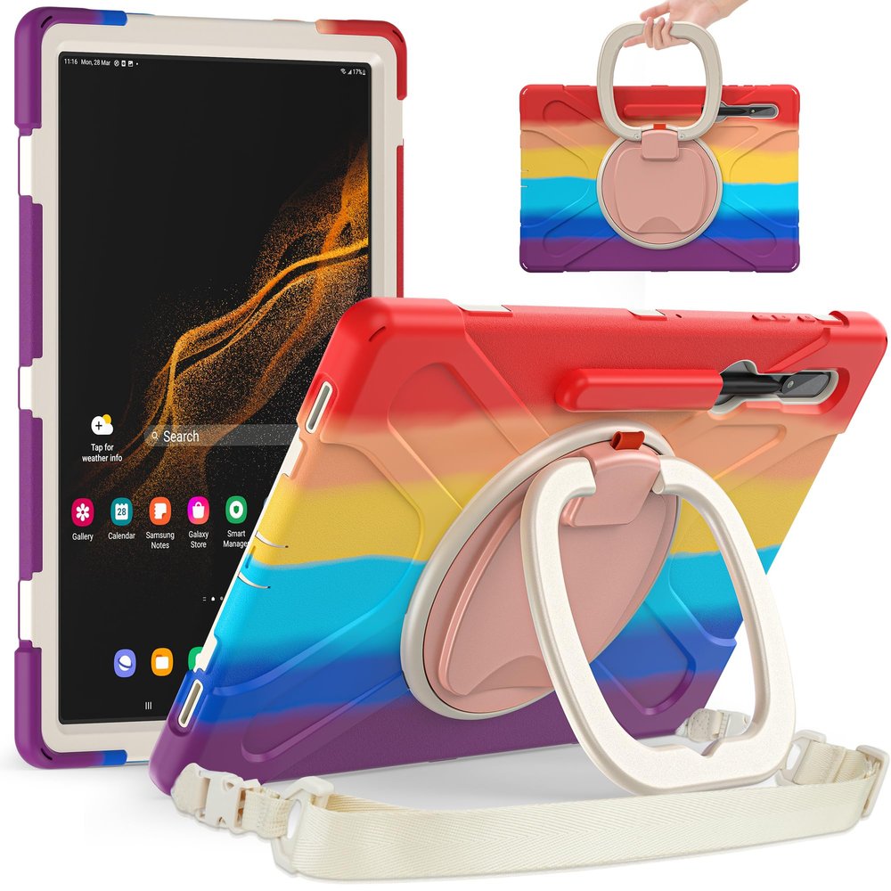 Heavy Duty Case for Galaxy Tab S10 Lite/ S10 FE/ S9 FE/S8/S7, Hybrid Rugged Case with S Pen Holder, Shockproof Kids Case with 360 Rotating Stand/Shoulder Strap (Colourful Red)