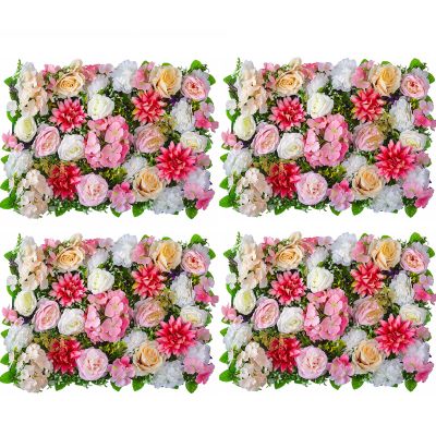 3D Flowers Wall Panel 24" X 16" - 4Pack Artificial Flower Wall Background Silk Rose Mat for Wedding Birthday Party Wall Decor Stage Photo Backdrop Floral Wall Arrangement