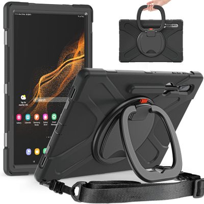 Heavy Duty Case for Galaxy Tab S10 Lite/ S10 FE/ S9 FE/S8/S7, Hybrid Rugged Case with S Pen Holder, Shockproof Kids Case with 360 Rotating Stand/Shoulder Strap (Black)