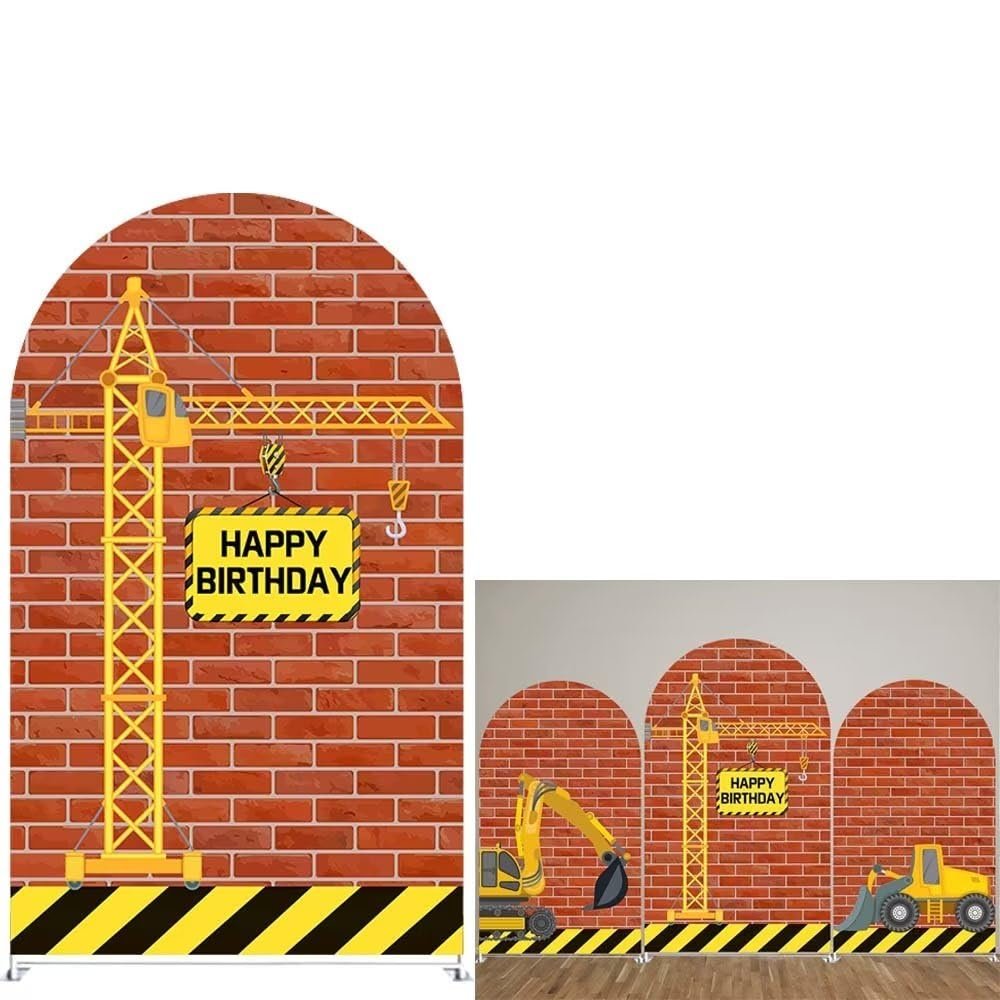 FiVan Customized Size Arch Backdrop Cover Construction Tower Crane Theme Bilayer Round Top Background for Baby Birthday Party Decoration