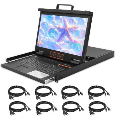 8 Port HDMI Rack Mount KVM Console 18.5-Inch 1080P with Cables, 1U Height LCD KVM Switch, Rackmount Monitor and Keyboard Mouse, OSD/Hotkey/Button Switching, 16:9 Aspect Ratio, Mount Depth 27" to 30.3"