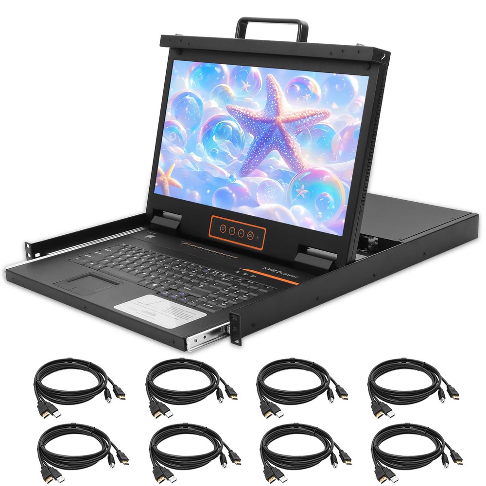 8 Port HDMI Rack Mount KVM Console 18.5-Inch 1080P with Cables, 1U Height LCD KVM Switch, Rackmount Monitor and Keyboard Mouse, OSD/Hotkey/Button Switching, 16:9 Aspect Ratio, Mount Depth 27" to 30.3"