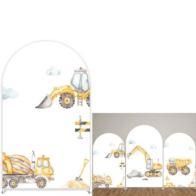Round Top Construction Theme Arch Backdrop Cover for Birthday Party Decoration,3x6.5ft Double Sided Engineering Vehicle Background DIY Fabric Cover GX-1458