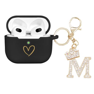 AIIEKZ Compatible with AirPods 3 Case Cover 2021, Soft Silicone Case with Gold Heart Pattern for AirPods 3rd Generation Case with Rhinestone Studded Letter A-Z Keychain (M Black)
