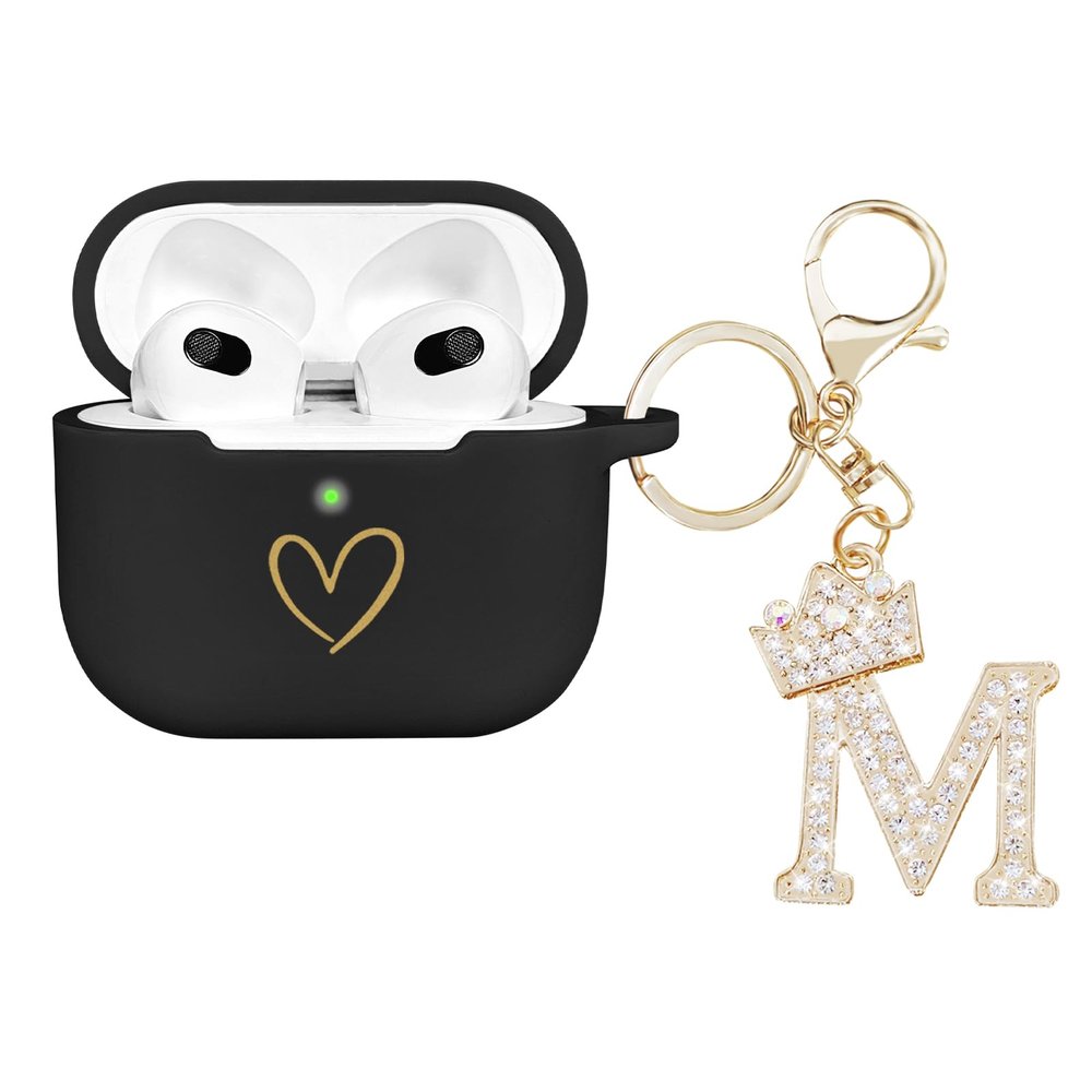 AIIEKZ Compatible with AirPods 3 Case Cover 2021, Soft Silicone Case with Gold Heart Pattern for AirPods 3rd Generation Case with Rhinestone Studded Letter A-Z Keychain (M Black)