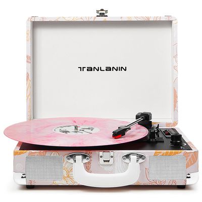 Pink Floral Vinyl Record Player with Built-in Speakers & USB Recording, Vintage 3-Speed Bluetooth Portable Suitcase Turntables Belt-Driven LP Player Support AUX/RCA/Headphone Jack