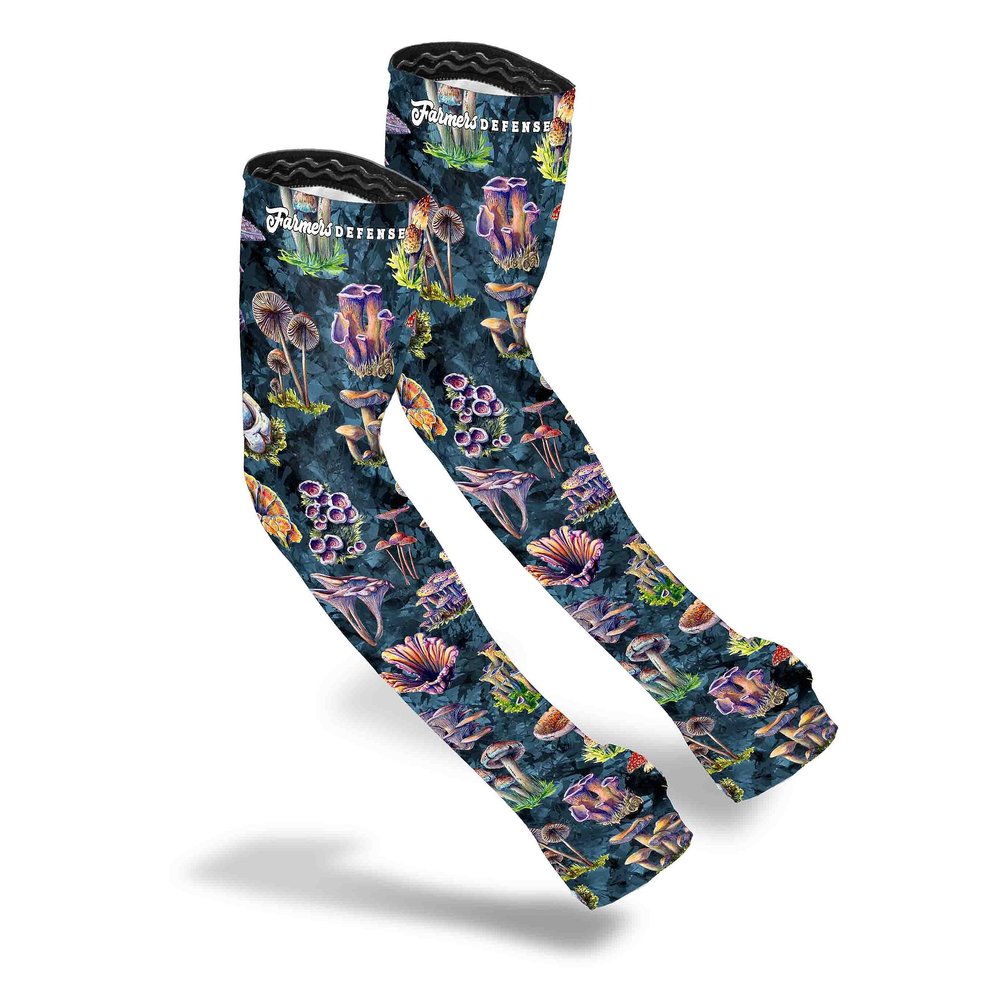 FARMER'S DEFENSE Gardening Arm Sleeves|UV Cooling Protective Sleeve Women & Men|Anti-Scratch Cover Sun UPF Outdoor Protection - Fungi Foragers - Gray - L/XL