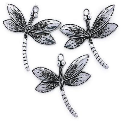 THREE 2 1/10 x 2 3/10 INCHES DRAGON FLY DRAGONFLY SILVERPLATED FOCAL PENDANT