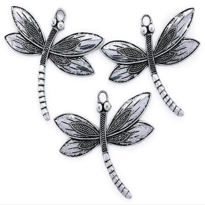 THREE 2 1/10 x 2 3/10 INCHES DRAGON FLY DRAGONFLY SILVERPLATED FOCAL PENDANT