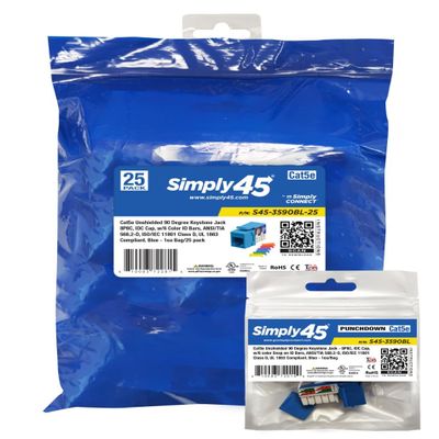 Simply45 Cat5e Unshielded 90 Degree Keystone Jack - Blue, 25 Pack - 8P8C, IDC Cap, ANSI/TIA 568.2-D, ISO/IEC 11801 Class D, Supports S45 Snap-On ID Bars - S45-3590BL-25
