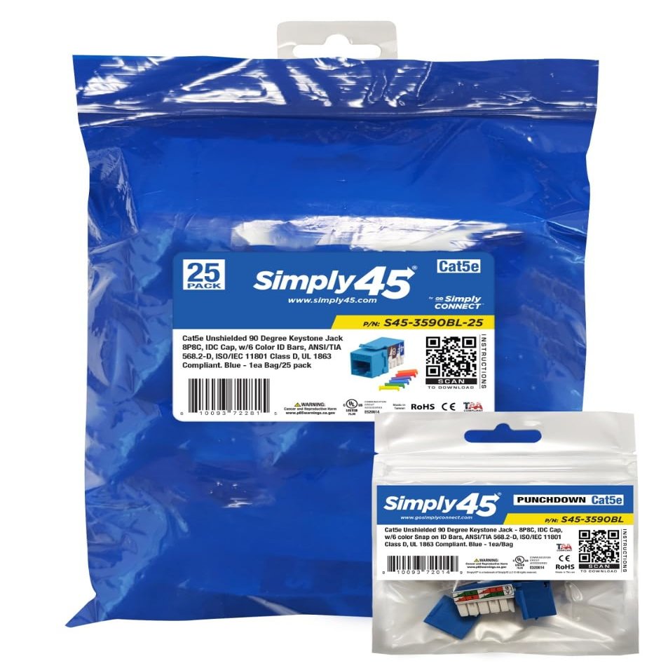 Simply45 Cat5e Unshielded 90 Degree Keystone Jack - Blue, 25 Pack - 8P8C, IDC Cap, ANSI/TIA 568.2-D, ISO/IEC 11801 Class D, Supports S45 Snap-On ID Bars - S45-3590BL-25
