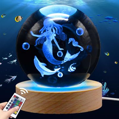 Shellvcase 3.15in 3D Mermaid Nightlight, Mermaid Lamps for Girls Bedroom, Night Light, 16 Colors & Remote Controls Crystal Ball Lamp, Birthday Christmas Mermaids Gifts for Girls Kids