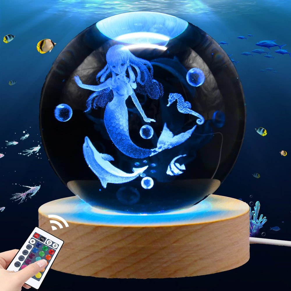 Shellvcase 3.15in 3D Mermaid Nightlight, Mermaid Lamps for Girls Bedroom, Night Light, 16 Colors & Remote Controls Crystal Ball Lamp, Birthday Christmas Mermaids Gifts for Girls Kids