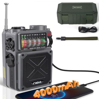 Emgykit R11 Portable Shortwave Radio - 4000mAh/14800mWh NOAA/SW/AM/FM, Solar/Hand Crank/USB Charging, Bluetooth Receiver/USB/TF Playback,with Compass,Flashlight,SOS for Camping & Emergencies - Grey