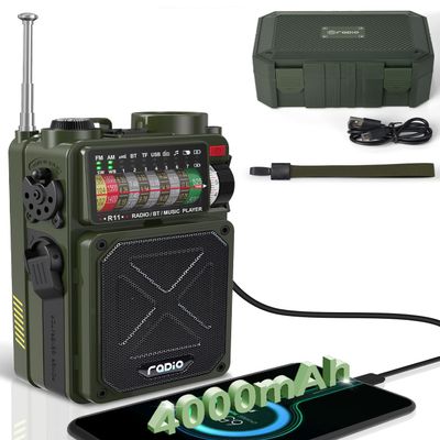 Emgykit R11 Emergency Crank Radio - 4000mAh/14800mWh NOAA/SW/AM/FM, Solar/Hand Crank/USB Charging, Bluetooth Receiver/USB/TF Playback,with Compass,Flashlight,SOS for Camping & Emergencies - Green