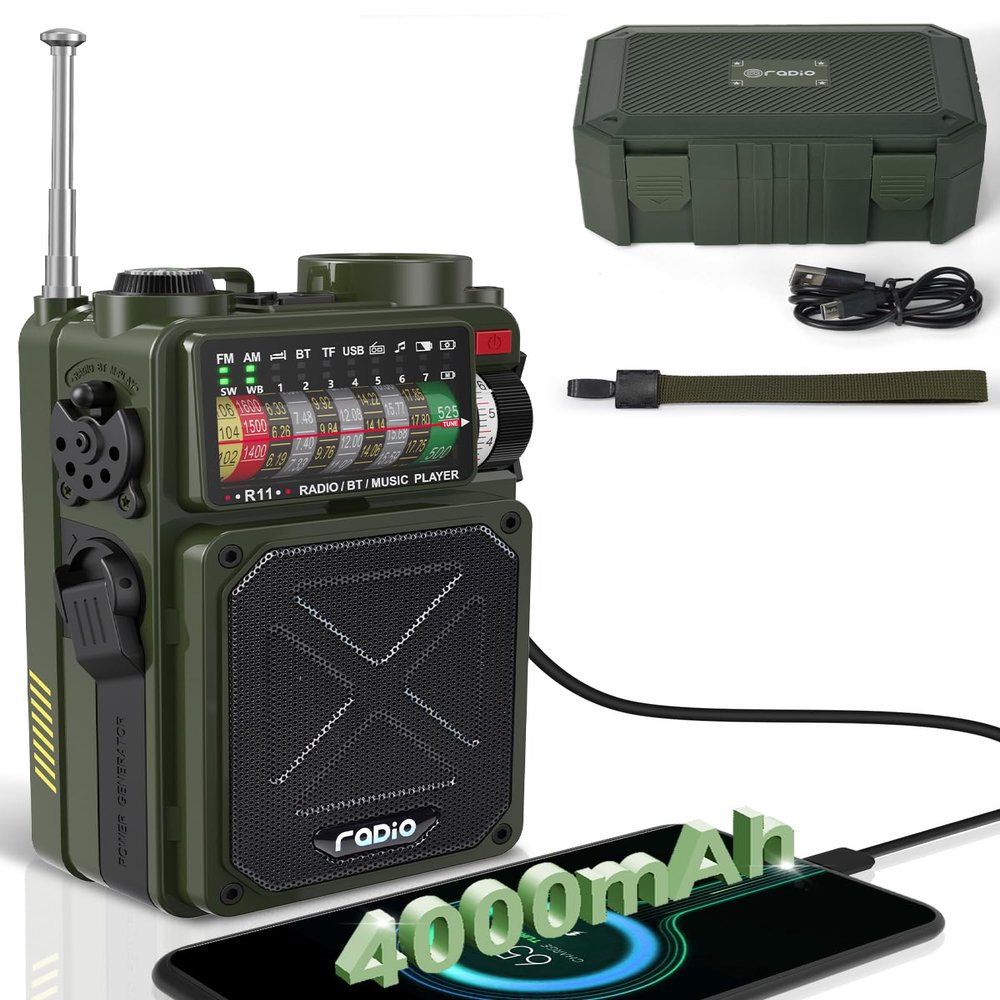 Emgykit R11 Emergency Crank Radio - 4000mAh/14800mWh NOAA/SW/AM/FM, Solar/Hand Crank/USB Charging, Bluetooth Receiver/USB/TF Playback,with Compass,Flashlight,SOS for Camping & Emergencies - Green