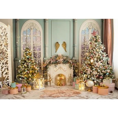 Laeacco Merry Christmas Backdrop 12x8FT Christmas Fireplace Photography Background Interior Room Xmas Tree Gifts Winter Holiday Christmas New Year Party Decor Banner Family Photo Studio Props