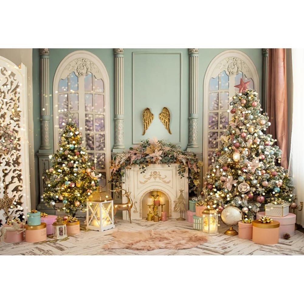 Laeacco Merry Christmas Backdrop 12x8FT Christmas Fireplace Photography Background Interior Room Xmas Tree Gifts Winter Holiday Christmas New Year Party Decor Banner Family Photo Studio Props
