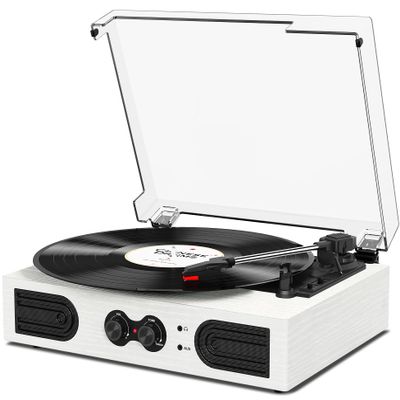 Vinyl Record Player with Built-in Speakers, Vintage 3-Speed Turntable, Bass/Treble Control, Headphone Jack, RCA/AUX Outputs, Belt-Driven LP Record Player, White Wood