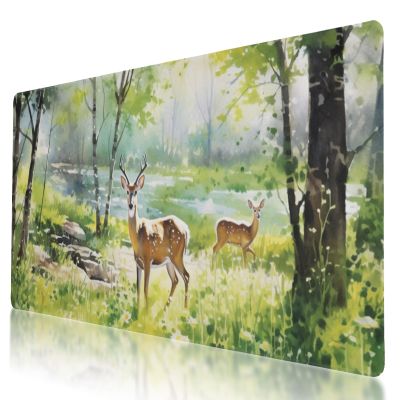 Large Size Deer Print Gaming Mouse Pad 35.5 x 16 Inch, Stitched Edges, Anti-Slip Base, Waterproof Surface