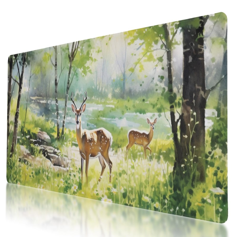 Large Size Deer Print Gaming Mouse Pad 35.5 x 16 Inch, Stitched Edges, Anti-Slip Base, Waterproof Surface