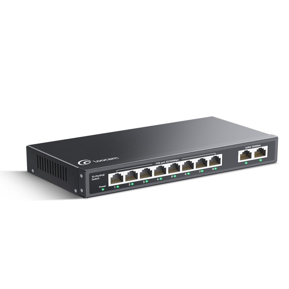 Loocam 10 Port PoE Switch with 8 Ports, 2 Uplink, 96W, 802.3af/at PoE+ 100Mbps, Plug & Play Unmanaged Network Switch, Desktop or Wall Mount