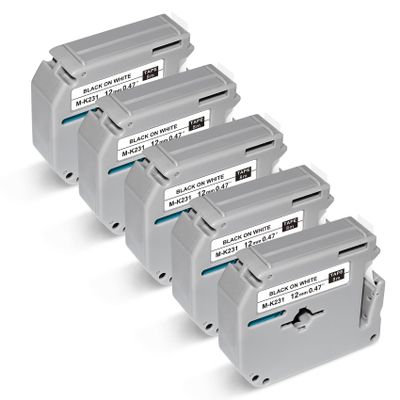 5Pack M-K231 Compatible with Brother P Touch M-K231s Mk231 Label Maker Tape, M Tape 12mm 0.47 White for PT-M95 PT-45 PT-60, Black on White