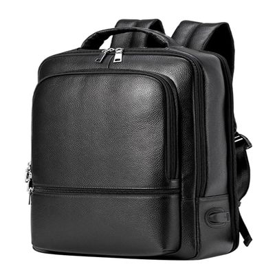 15.6 inch Laptop Backpack for Men, Casual Daypack Commuter Business Genuine Leather Bookbag with USB Charging Port (Black)