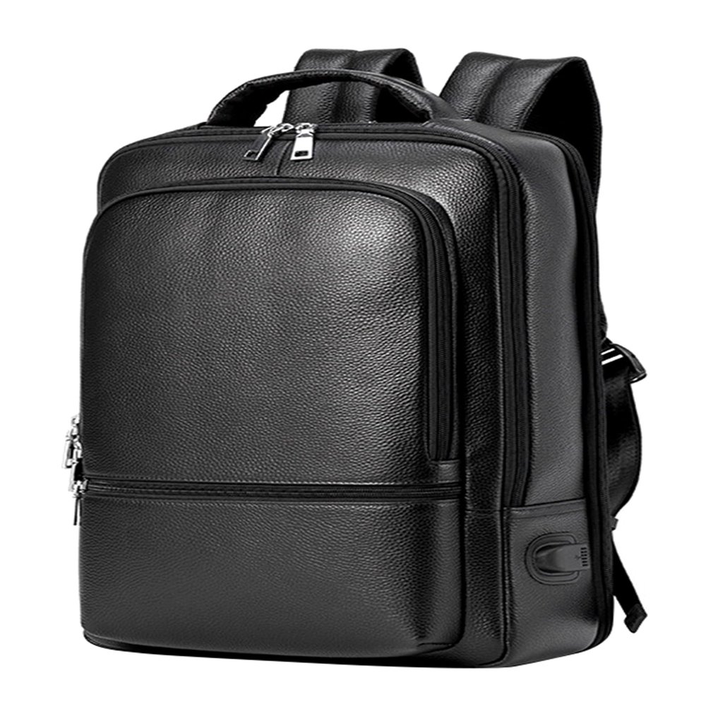15.6 inch Laptop Backpack for Men, Casual Daypack Commuter Business Genuine Leather Bookbag with USB Charging Port (Black)